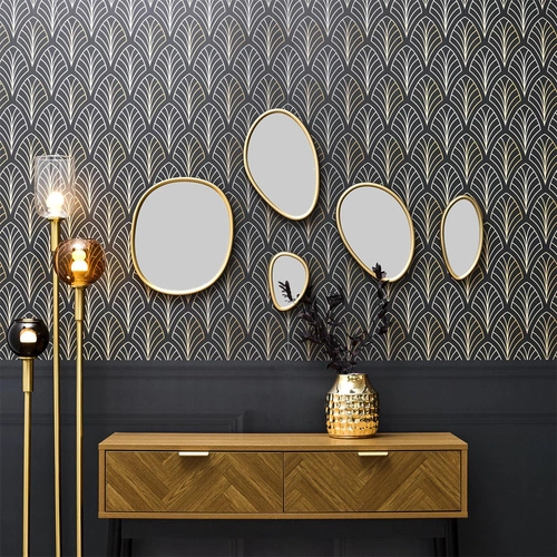 Zestaw 5 owalnych luster dekoracyjnych Organic Shape w złotej ramie do salonu Intesi