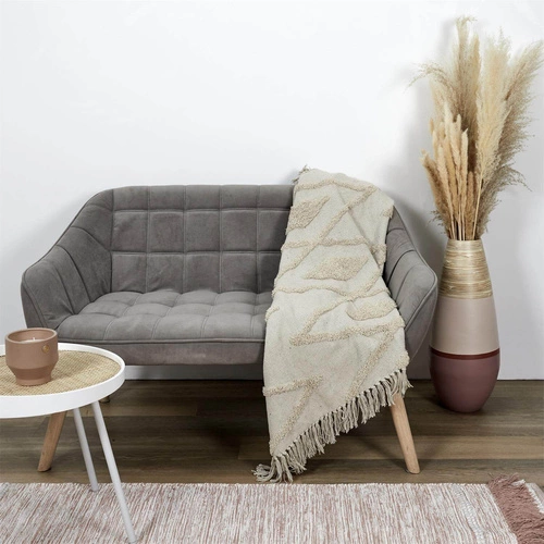 Koc bawełniany boho Bali beżowy 120x150 ciepły pled na kanapę lub do salonu