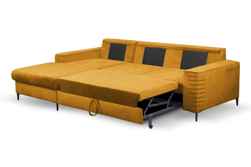 Narożnik z funkcją spania Hald lewy nowoczesny welurowy żółty do salonu z pojemnikiem