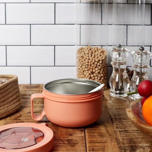 Intesi okrągły lunchbox pomarańczowy z metalowym wnętrzem i widelcem do pracy lub szkoły