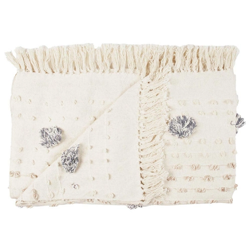 Koc boho Tuffo kremowy z frędzlami na kanapę do salonu ciepły i miękki 150x125 cm
