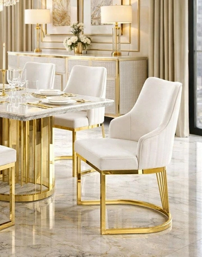 Krzesło Shively beżowe welurowe z podłokietnikami do jadalni glamour