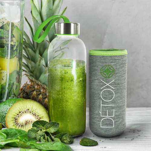 Butelka na wodę Intesi szklana 400 ml z neoprenowym pokrowcem zielona do pracy i szkoły