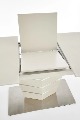 Stół rozkładany do jadalni Retos beżowy mat szklany blat nowoczesny na jednej nodze 140-180 cm