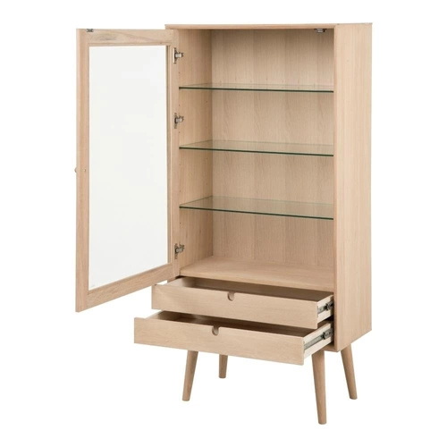 Nowoczesna witryna na książki z szufladami Century bielony dąb szkło do salonu 143 cm Actona