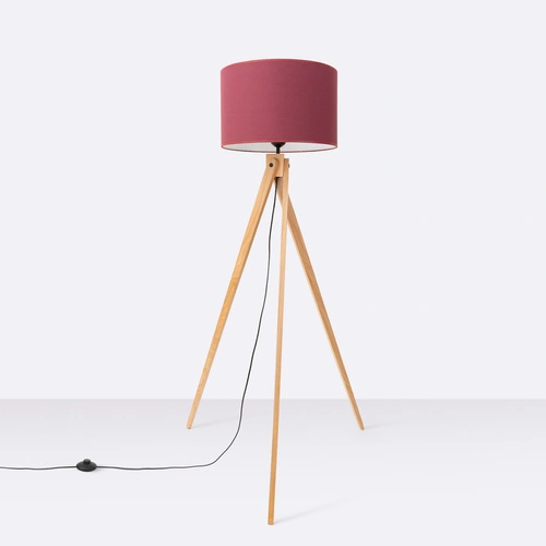 Lampa stojąca do salonu NATT burgund nowoczesna drewniana trójnóg z abażurem 140 cm