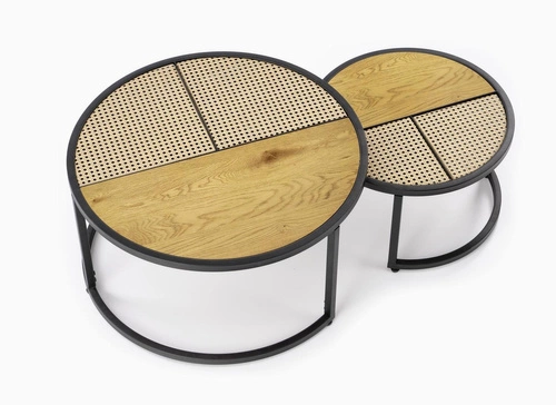 Zestaw 2 okrągłych stolików kawowych Namiga boho rattan dąb złoty i czarny do salonu 2w1