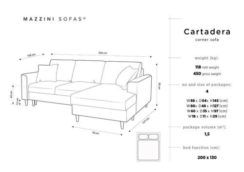 Narożnik z funkcją spania Cartadera Light Grey Velvet Prawostronna kolor nóg złoty