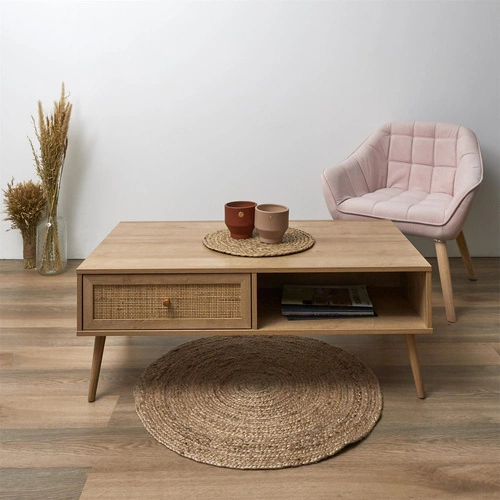 Stolik kawowy Bali prostokątny drewniany z rattanową szufladą boho do salonu Intesi