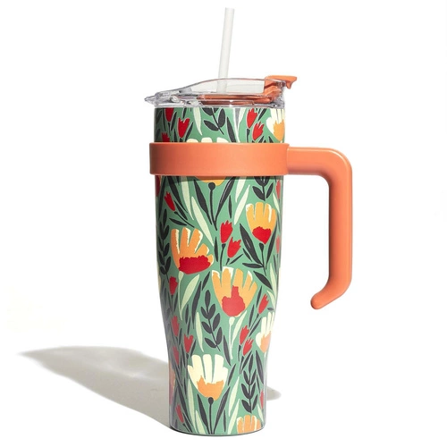 Kubek termiczny do kawy z uchwytem Intesi Fleur 1,2l zielony stal nierdzewna