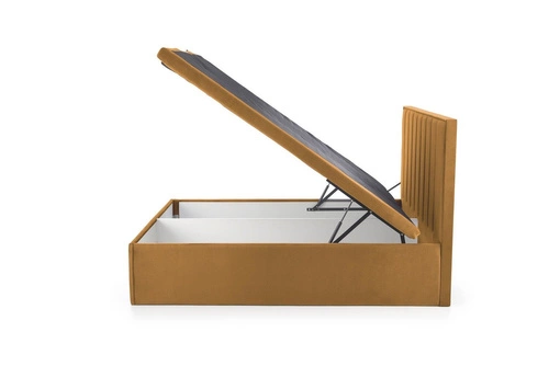 Łóżko tapicerowane Renji 160x200 musztardowe z pojemnikiem do sypialni nowoczesne