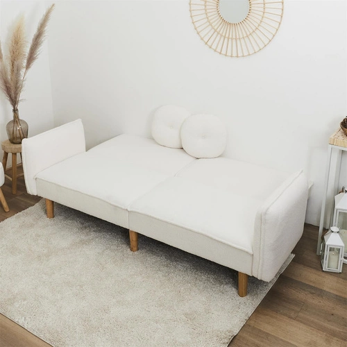 Sofa rozkładana z funkcją spania Boghena beżowa skandynawska 2 osobowa do salonu na wysokich nogach