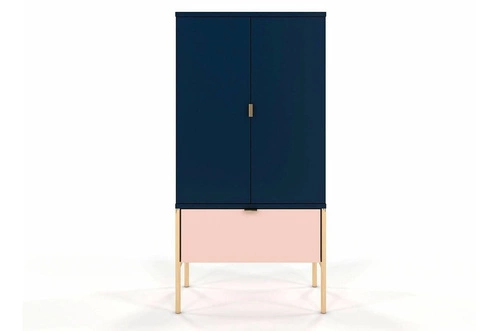 Komoda wysoka glamour z szufladą i szafkami Polka Navy Blue/Pink 120 cm do salonu SKANDICA