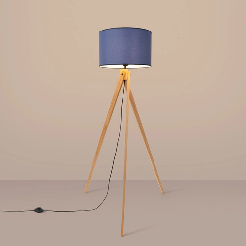 Lampa stojąca do salonu NATT nowoczesna drewniana granatowa z abażurem 140 cm