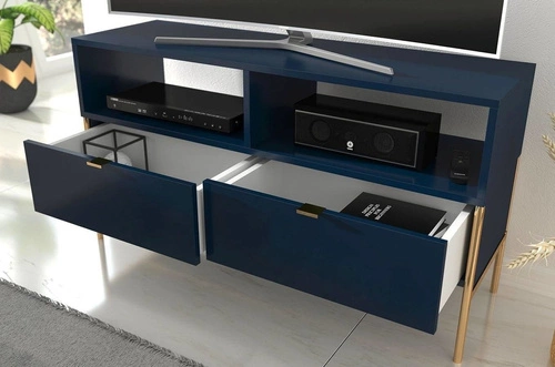 Szafka RTV glamour Polka 120 cm niebieska drewniana na złotych nogach do salonu SKANDICA