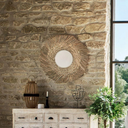 Lustro okrągłe boho Ael 80 cm wiszące do salonu z naturalnej trzciny Atmosphera