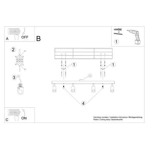 Nowoczesny plafon sufitowy VERDO 4 czarny z drewnem regulowany do salonu SOLLUX LIGHTING