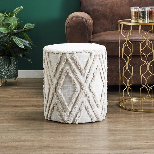 Pufa Mirage beżowa okrągła tapicerowana boho do salonu i sypialni Intesi 41 cm