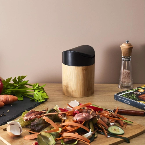 Intesi Mini kosz na śmieci do łazienki i kuchni bambusowy czarny obrotowy 1L