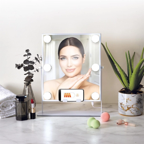 Intesi Lustro LED stojące do makijażu z głośnikiem i ładowarką białe prostokątne