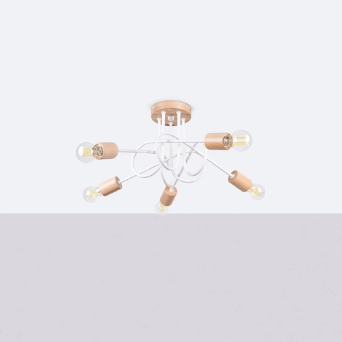 Żyrandol sufitowy EMBER 5 biały minimalistyczny z drewnem do salonu i jadalni 61 cm