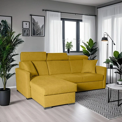 Narożnik z funkcją spania Mils musztardowy nowoczesny do salonu z pojemnikiem Intesi