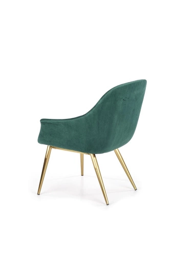 Fotel kubełkowy Dasco welwet zielony glamour do salonu z podłokietnikami na złotych nogach