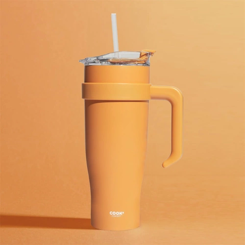 Kubek termiczny Miami Intesi 1,2l pomarańczowy z rączką i słomką do napojów
