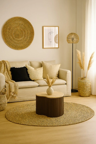 Stolik kawowy Cadiz boho drewniany nieregularny brązowy trawertyn do salonu pomocniczy