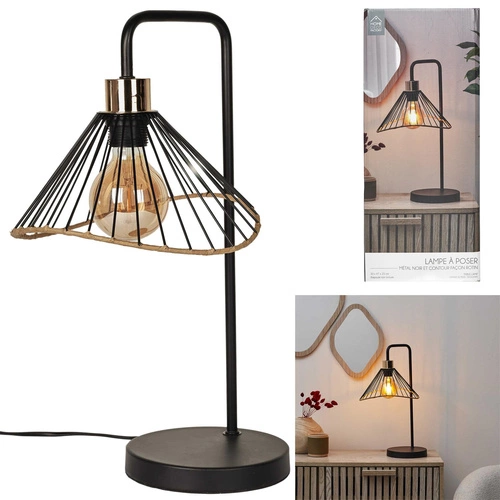 Lampa stołowa Anel nowoczesna czarna z rattanem do salonu i sypialni loft industrial