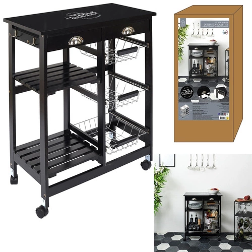 Intesi Troy metalowy wózek barowy na kółkach do kuchni i salonu, nowoczesny, czarny, dwupoziomowy
