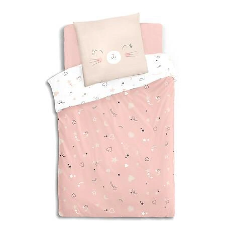 Komplet pościeli bawełnianej 140x200 Atmosphera różowy z kotem do pokoju dziecięcego Oeko-Tex