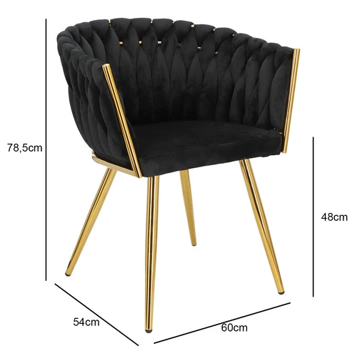 Krzesło do jadalni Tessa Intesi tapicerowane welur czarne glamour z podłokietnikami złote nogi