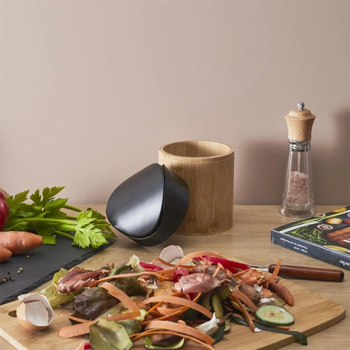 Intesi Mini kosz na śmieci do łazienki i kuchni bambusowy biały z obrotową pokrywą 1L