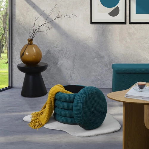 Pufa ze schowkiem Atom Intesi okrągła turkusowa nowoczesna do salonu i sypialni 42 cm