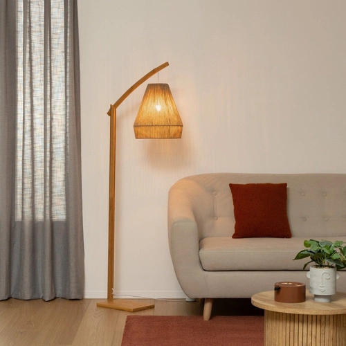 Lampa stojąca boho Palm Atmosphera naturalna drewniana do salonu z abażurem bambusowym