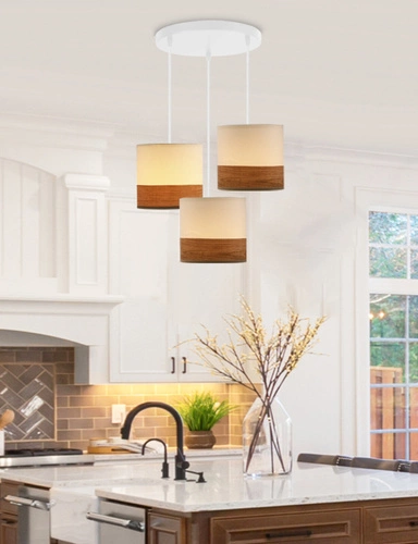 Lampa wisząca Bianco nowoczesna biała z orzechem 3-punktowa do salonu i jadalni