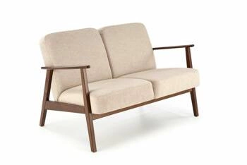 Sofa dwuosobowa Fomben beżowa skandynawska z podłokietnikami do salonu na drewnianych nogach