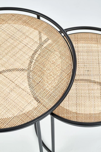 Zestaw 2 okrągłych stolików kawowych Nabul rattan i metal czarny boho do salonu Intesi