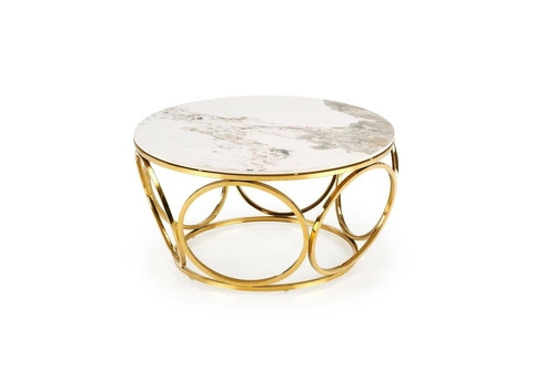 Stolik kawowy okrągły Deyn 80 cm biały marmur złoty nowoczesny glamour do salonu Intesi