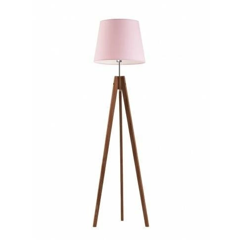 Lampa stojąca do salonu Aruba trójnóg drewniana glamour z jasnoróżowym abażurem Lysne 149 cm