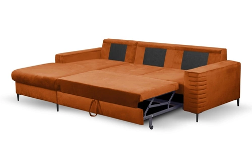 Nowoczesny narożnik welurowy Hald z funkcją spania i pojemnikiem lewy do salonu