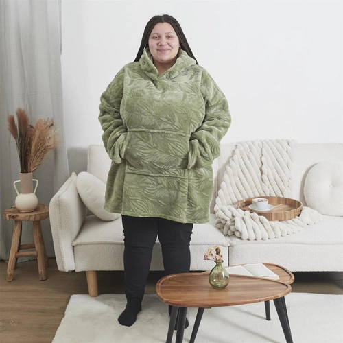 Bluzo koc z kapturem Intesi Snuddie zielony, ciepły koc polarowy do salonu