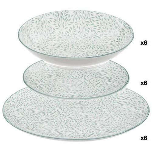 Porcelanowy serwis obiadowy Jasmin 18 elementów biało-zielony z liśćmi do jadalni