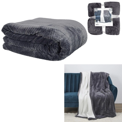 Intesi Sherpa gruby koc pikowany szary 180x220 cm ciepły koc na kanapę do salonu