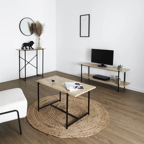 Stolik kawowy Loka prostokątny 80x50 nowoczesny loftowy drewniany z metalową podstawą do salonu