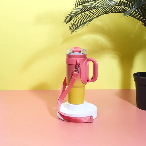 Kubek termiczny Malibu Intesi 900 ml różowo‑żółty z uchwytem do kawy