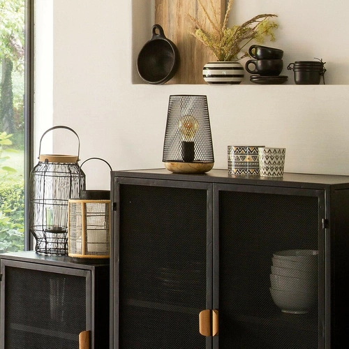 Lampka nocna Zely czarna metalowa z drewnem industrialna do sypialni i salonu Atmosphera