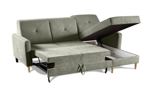 Nowoczesny narożnik z funkcją spania Scandi zielony lewostronny do salonu z pojemnikiem