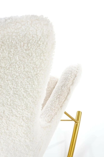 Fotel bujany Fadil do salonu kremowy boucle glamour na złotych nogach łatwoczyszczący